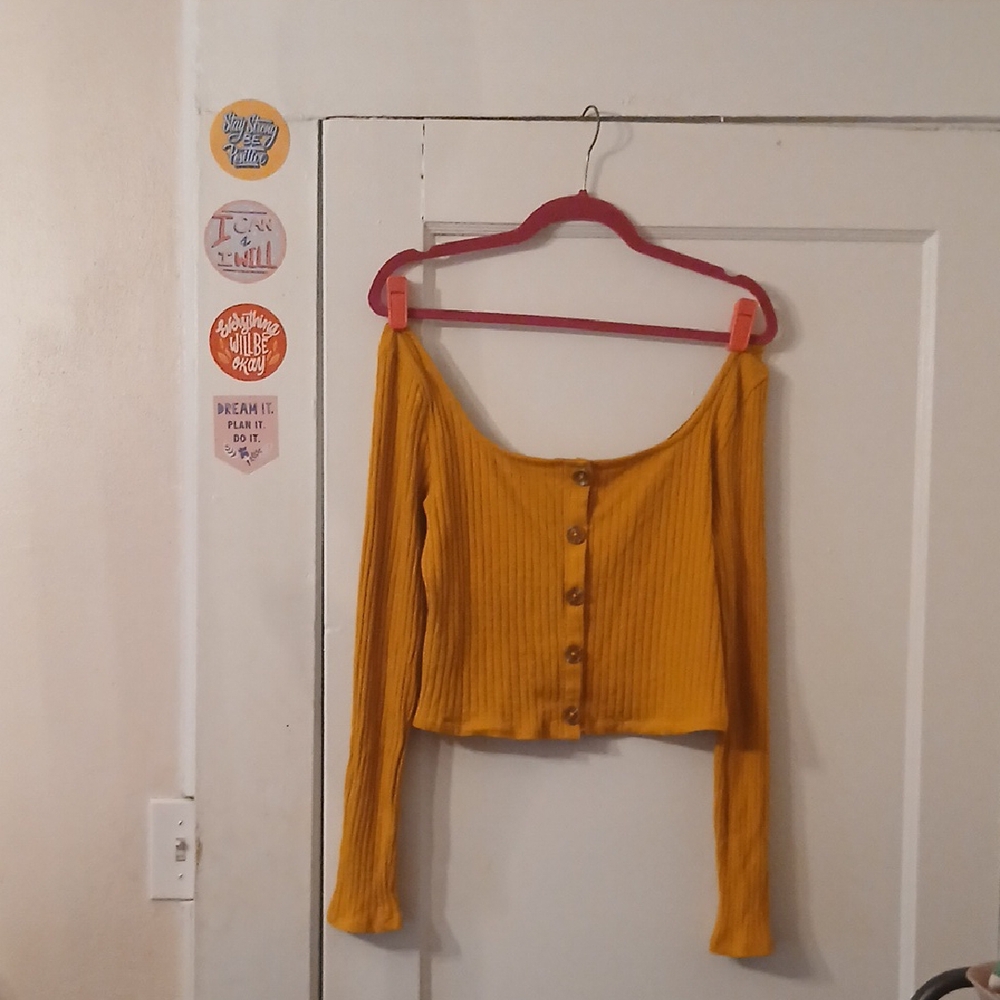 Mustard Button Down Ribbed Long Sleeve Top